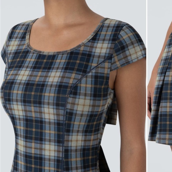 Halara Backless Tie Back U Neck Plaid Pleated Hem Mini Casual Dress NWT - Picture 3 of 7